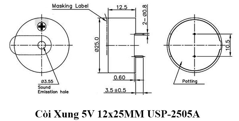 Còi Xung 5V 12x25MM USP-2505A