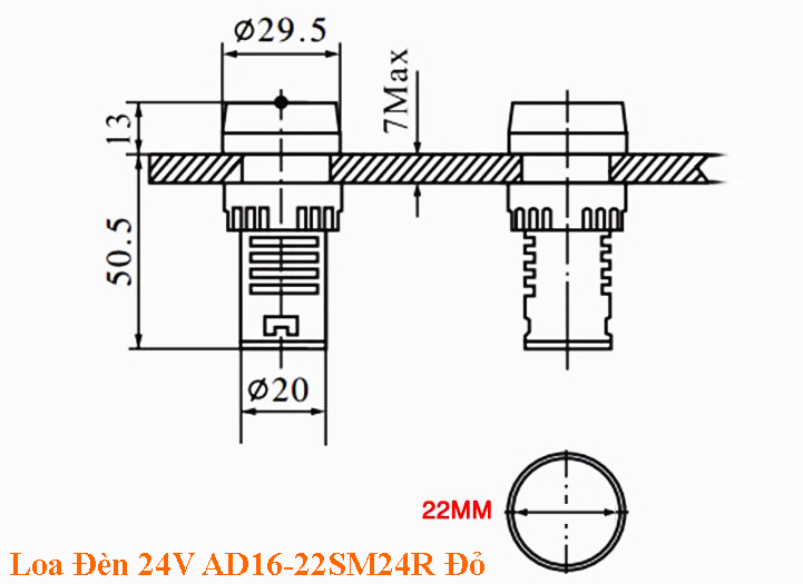 Loa Đèn 24V AD16-22SM24R Đỏ