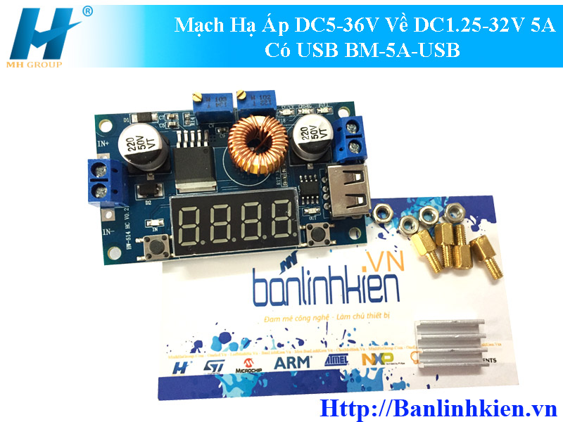 Mạch Hạ Áp DC5-36V Về DC1.25-32V 5A Có USB BM-5A-USB