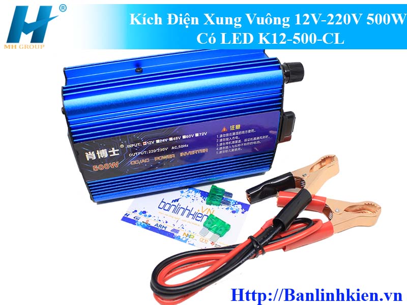 Kích Điện Xung Vuông 12V-220V 500W Có LED K12-500-CL