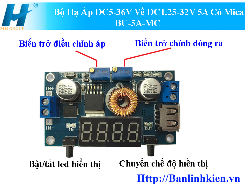 Bộ Hạ Áp DC5-36V Về DC1.25-32V 5A Có Mica BU-5A-MC