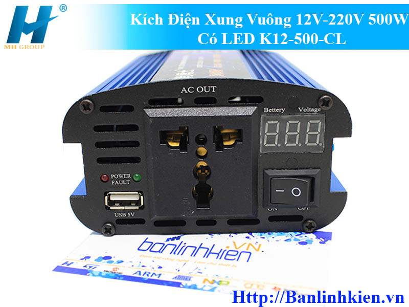 Kích Điện Xung Vuông 12V-220V 500W Có LED K12-500-CL