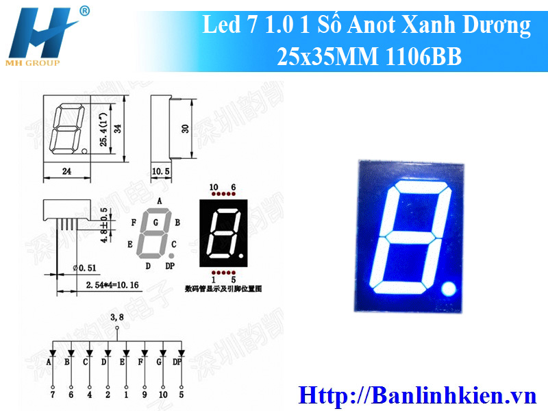 Led 7 1.0 1 Số Anot Xanh Dương 25x35MM 1106BB