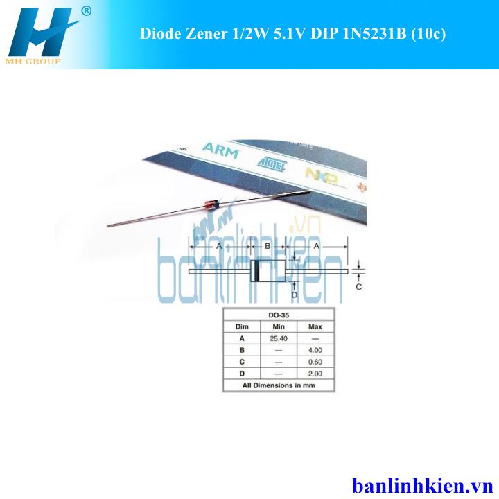 Diode Zener 1/2W 5.1V DIP 1N5231B (10c)