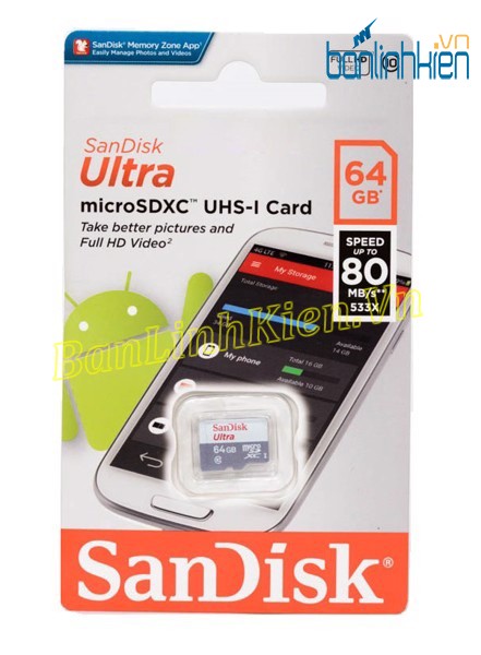 Thẻ Nhớ 64GB Sandisk Ultra MicroSDXC Class10 80Mb/s