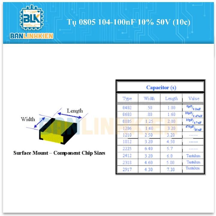 Tụ 0805 104-100nF 10% 50V (10c)