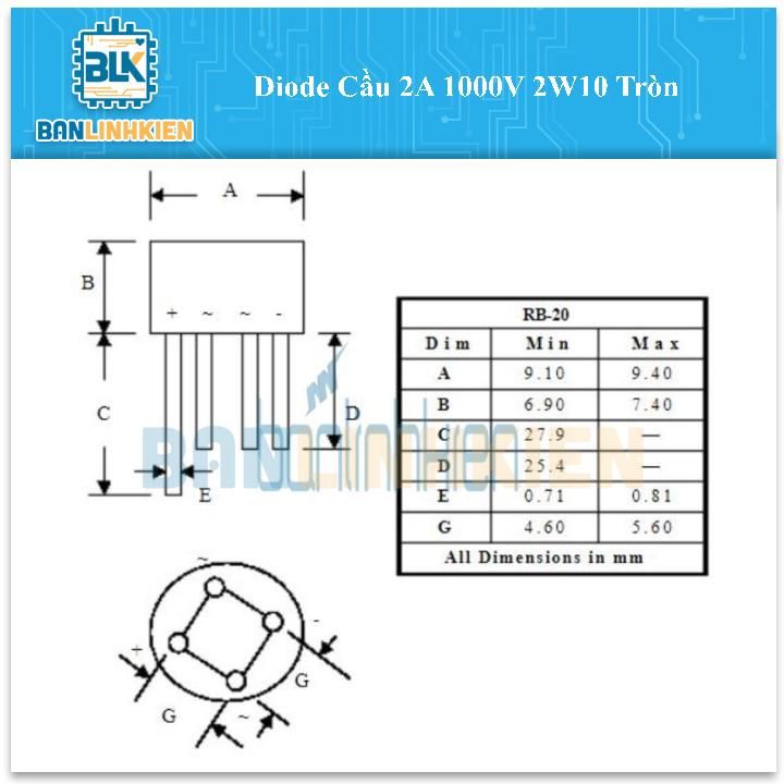 Diode Cầu 2A 1000V 2W10 Tròn