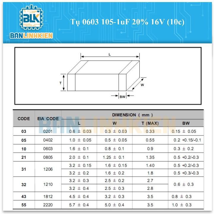 Tụ 0603 105-1uF 20% 16V (10c)