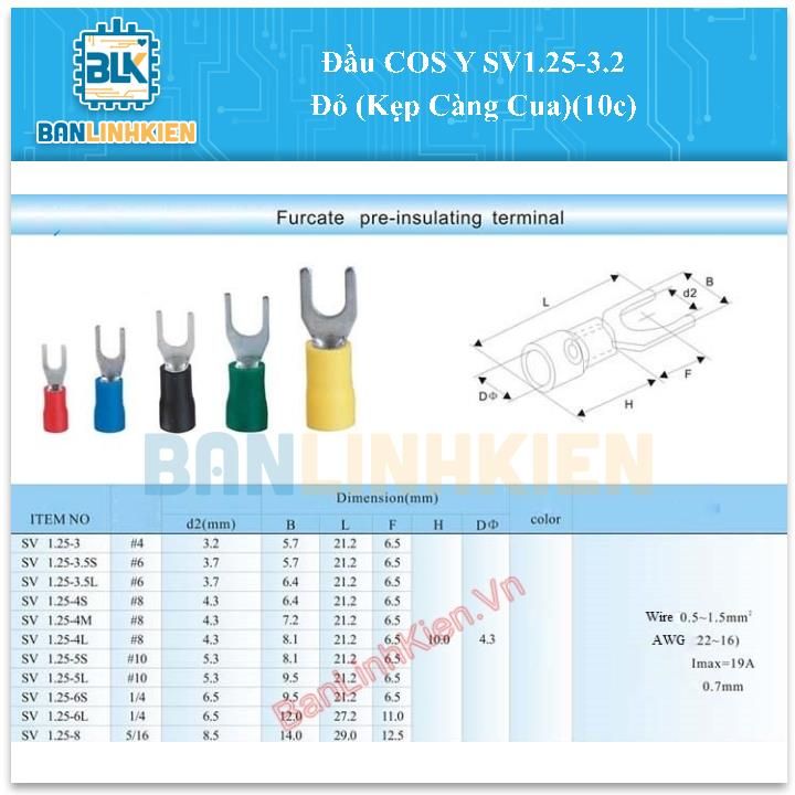 Đầu COS Y SV1.25-3.2 Đỏ (Kẹp Càng Cua)(10c)