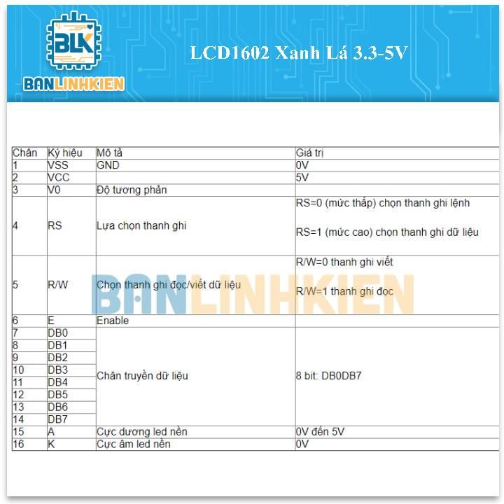 LCD1602 Xanh Lá 3.3-5V