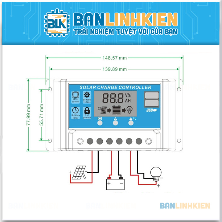 Bộ Điều Khiển Sạc Pin Mặt Trời 12/24V 30A Có USB