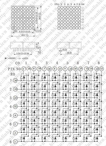 LED Matrix 2 Màu Xanh Đỏ 8x8 38x38x7.2mm Anode Chung