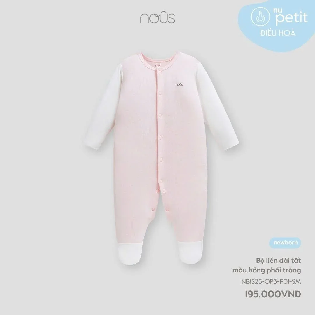 Nous - bộ liền dài tất màu hồng phối trắng NB