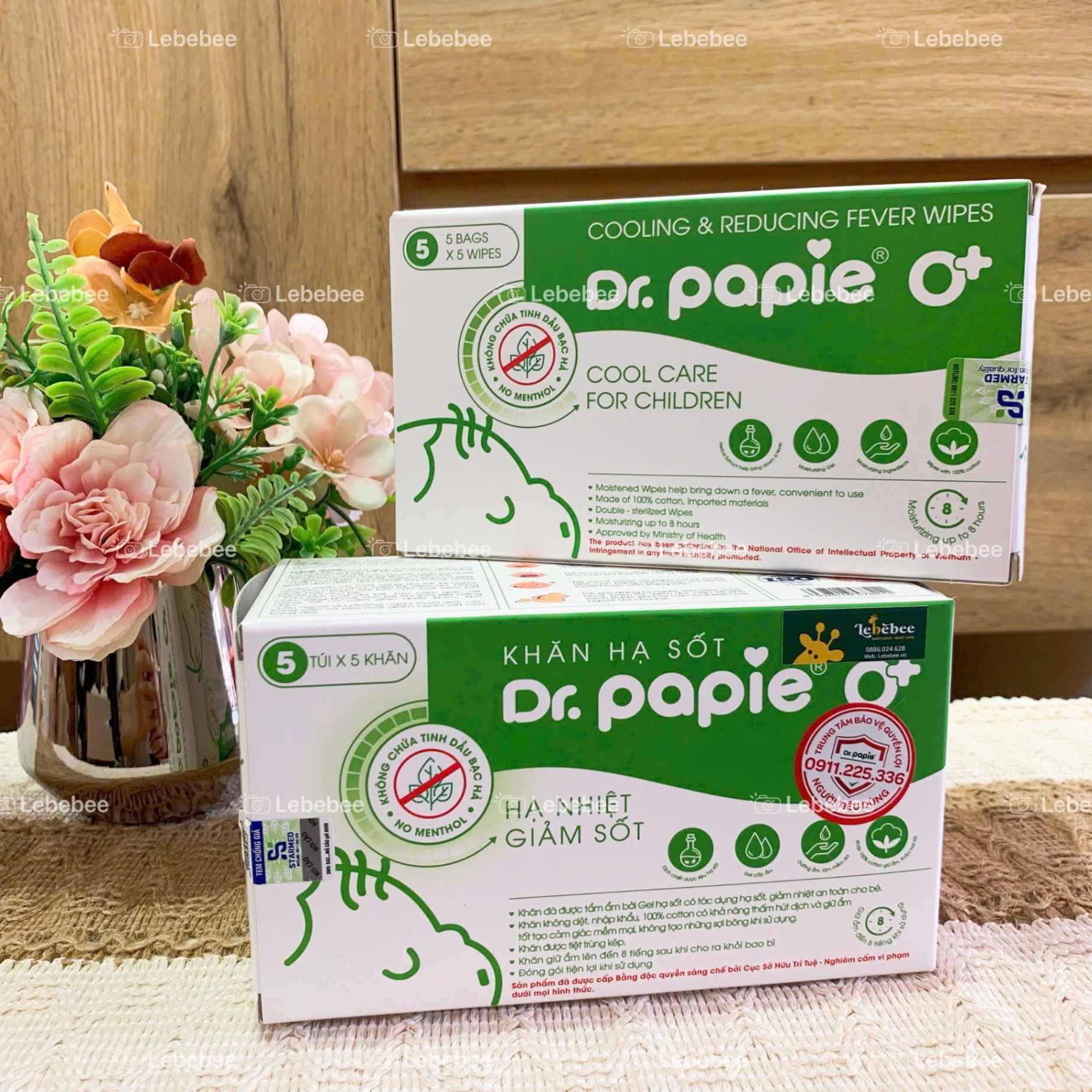 Khăn hạ sốt Dr.papie không chứa tinh dầu bac hà 0 tháng ( màu xanh lá)