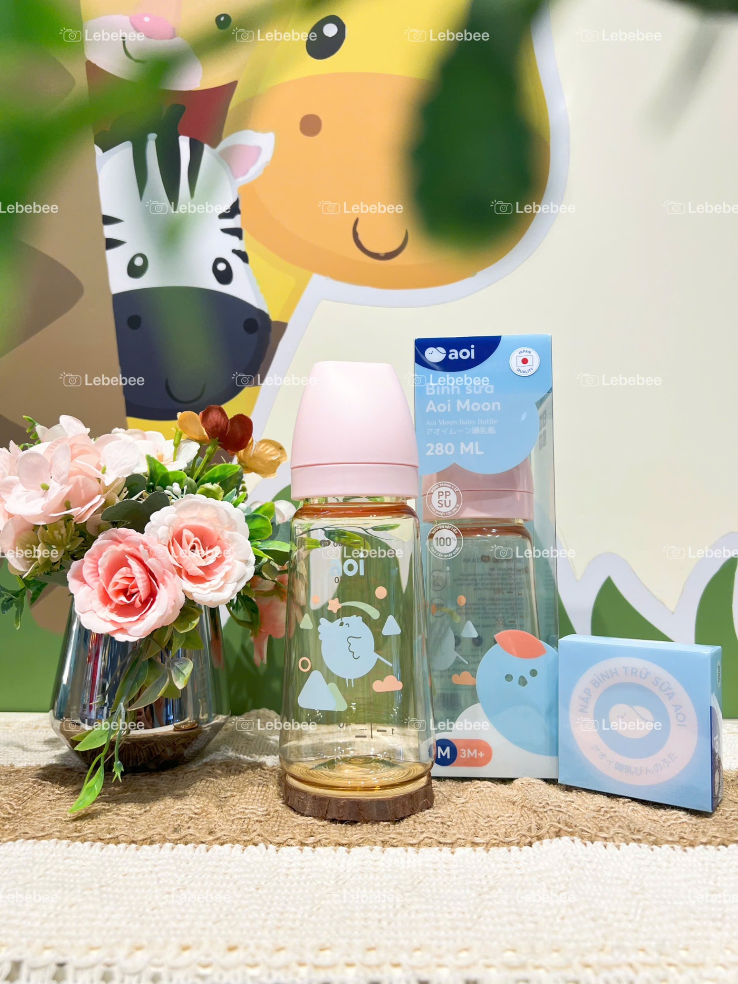 Bình sữa Aoi Moon baby bottle 280ml cho bé từ 3m+ màu hồng