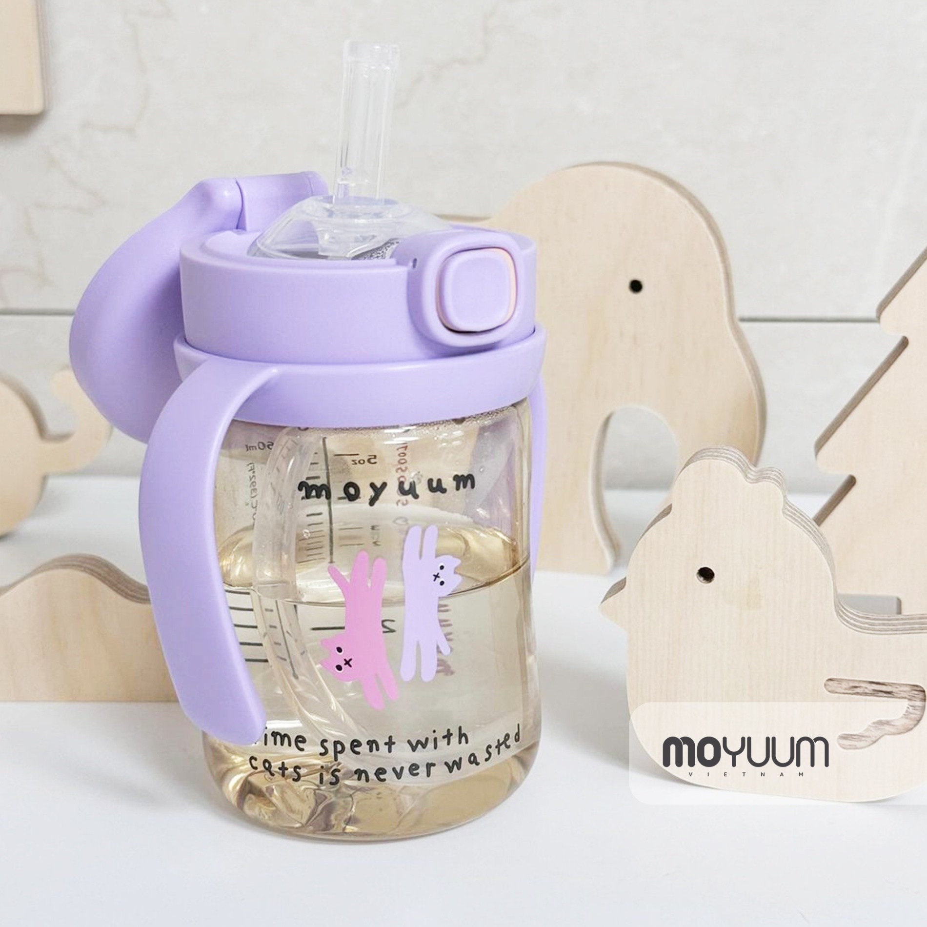 Bình tập uống moyuum PPSU nắp bật - phiên bản with cat nắp tím 170ml