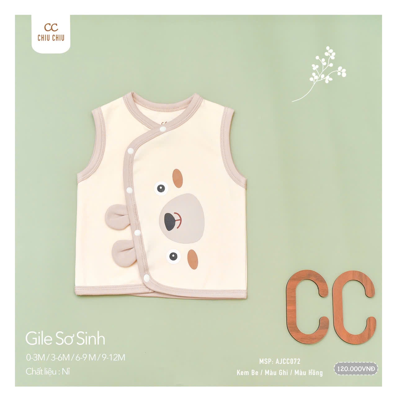 Áo gile chiu chiu - màu kem 6-9m