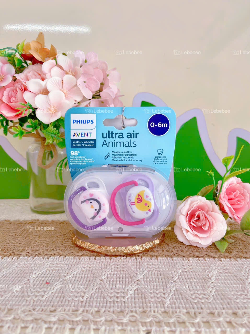 Ty ngậm Philips Avent thông khí hình thú cho gái bé 0 -6 tháng tuổi ( vỉ đôi ) SCF080/06