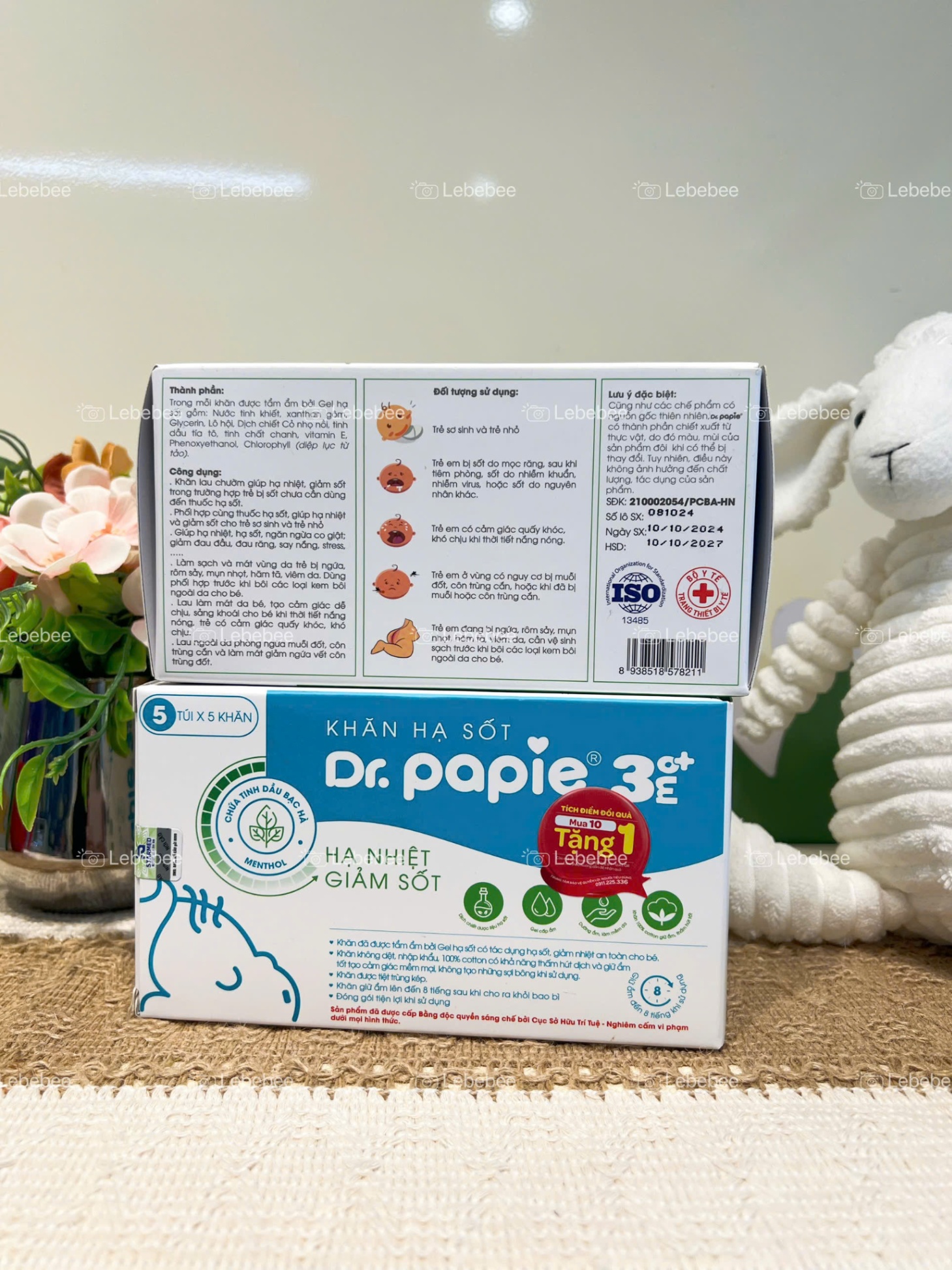 Khăn hạ sốt Dr.papie tinh dầu bac hà từ 3 tháng ( màu xanh da trời)