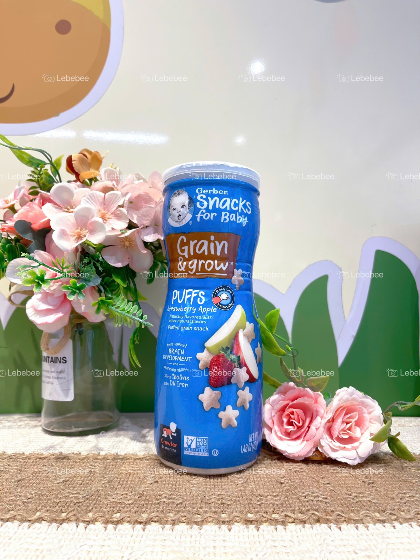Thực Phẩm Bổ Sung Bánh Ăn Dặm Gerber Puffs vị Dâu Táo cho bé từ 8 tháng 1 hộp x 42g