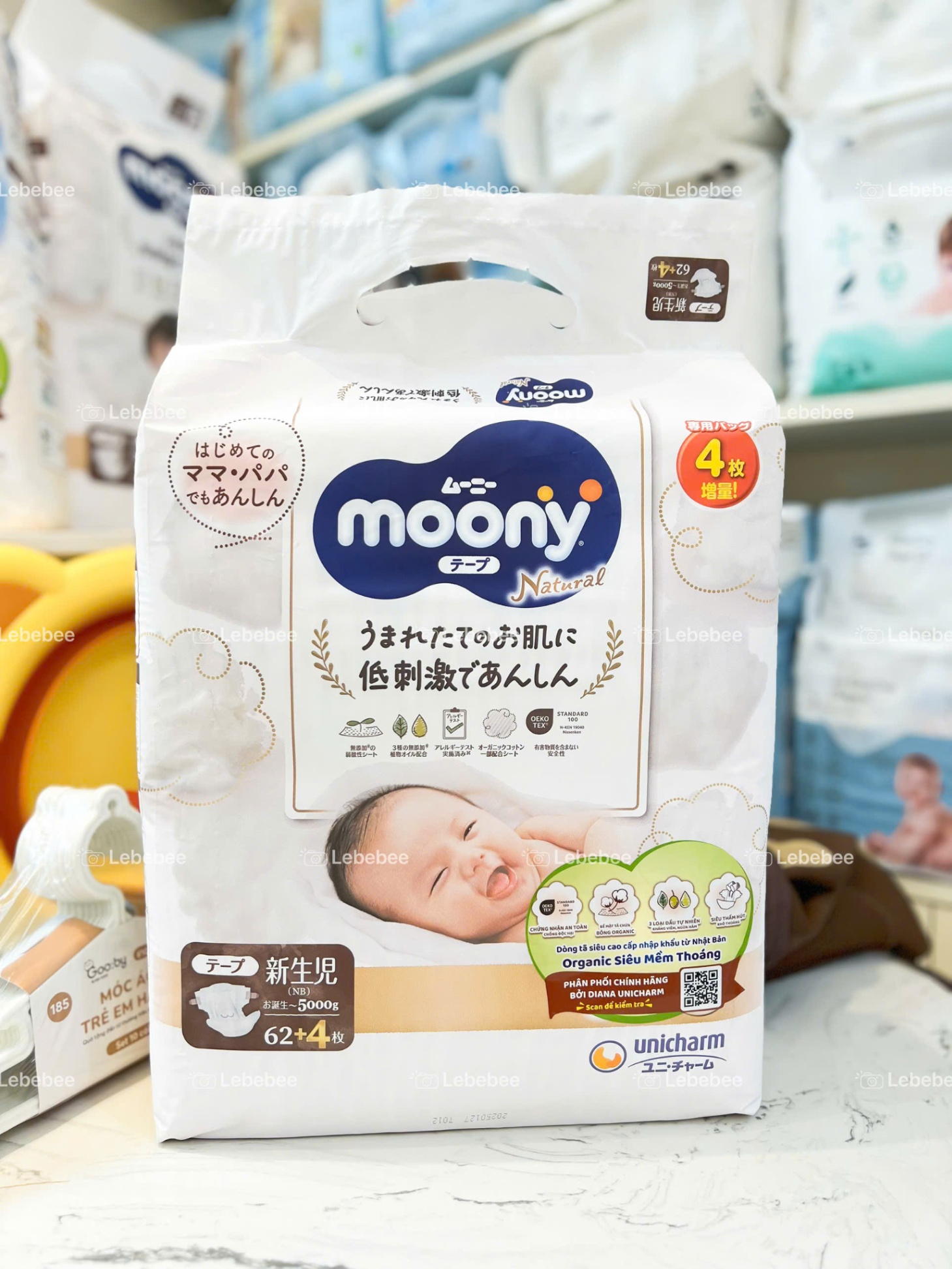 Tã dán Moony Natural size NB dưới 5kg 62 miếng