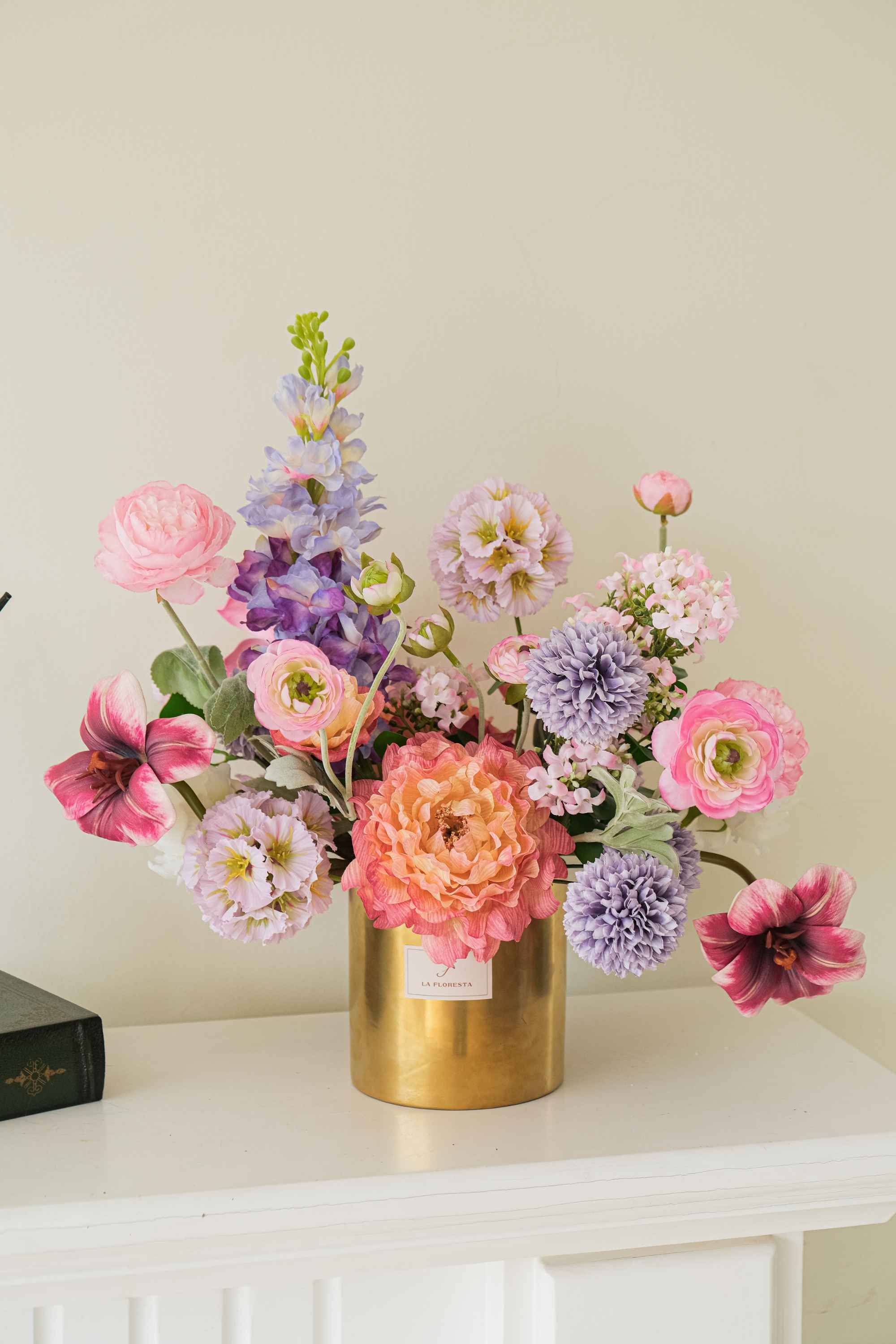 Bình hoa mẫu đơn khô mix phi yến tulip trà mao lương tone tím hồng