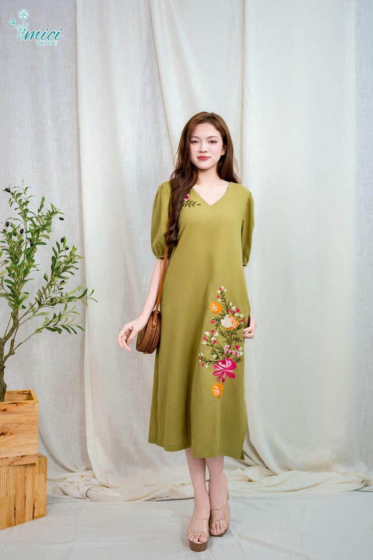 VS5A - ĐẦM LINEN THÊU HOA CÓ TAY 1-6873AR