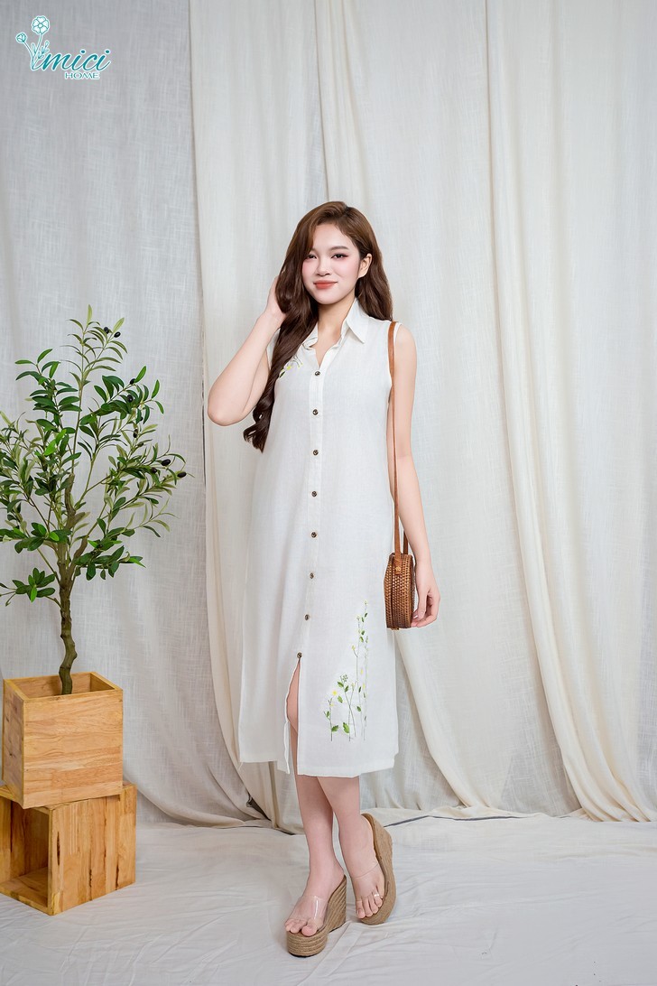 VS5A - ĐẦM LINEN THÊU GILE CỔ ĐỨC 1-6872AR