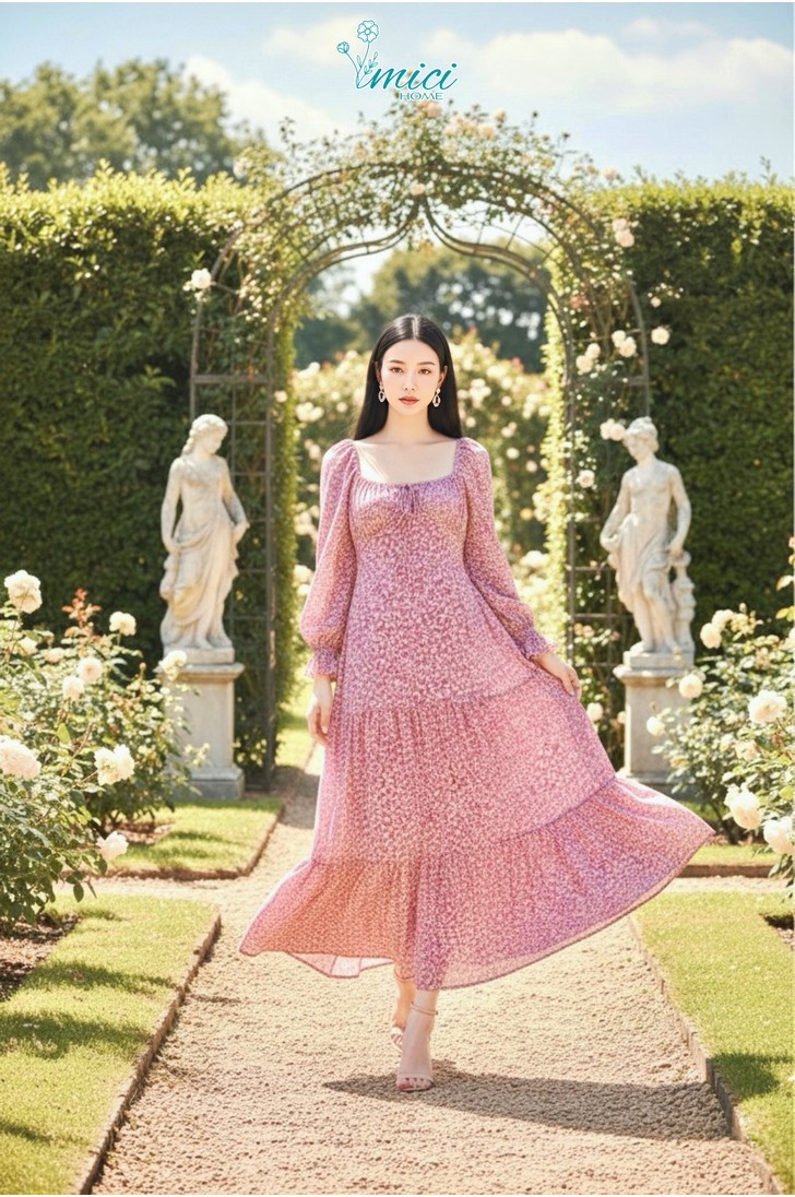 TN4D - ĐẦM MAXI LANH RÚT NGỰC DÀI TAY 1-6734AR