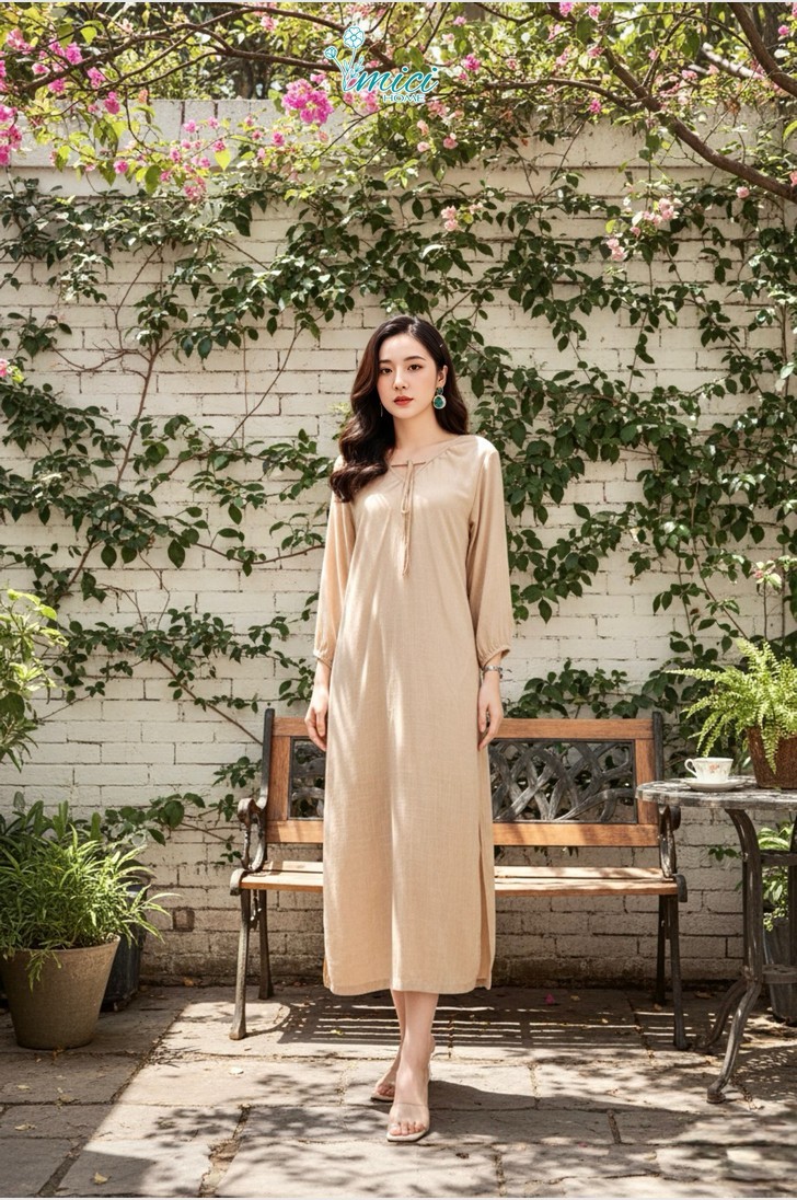 TN4E - ĐẦM LINEN MÀU DÀI CỔ V 1-6756AR