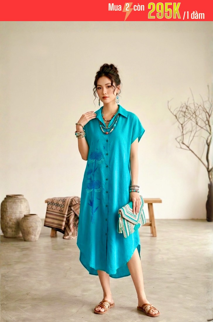 GS6 - ĐẦM LINEN BỘT CỔ ĐỨC THÊU 1-7087AR