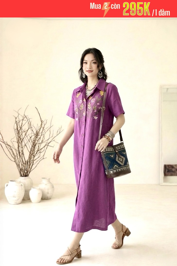 GS6 - ĐẦM LINEN BỘT CỔ ĐỨC THÊU 1-7088AR