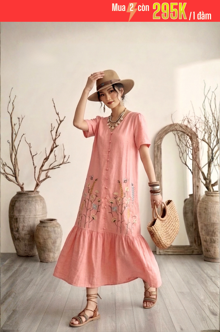 GS6 - ĐẦM LINEN BỘT THÊU ĐUÔI CÁ 1-7113AR