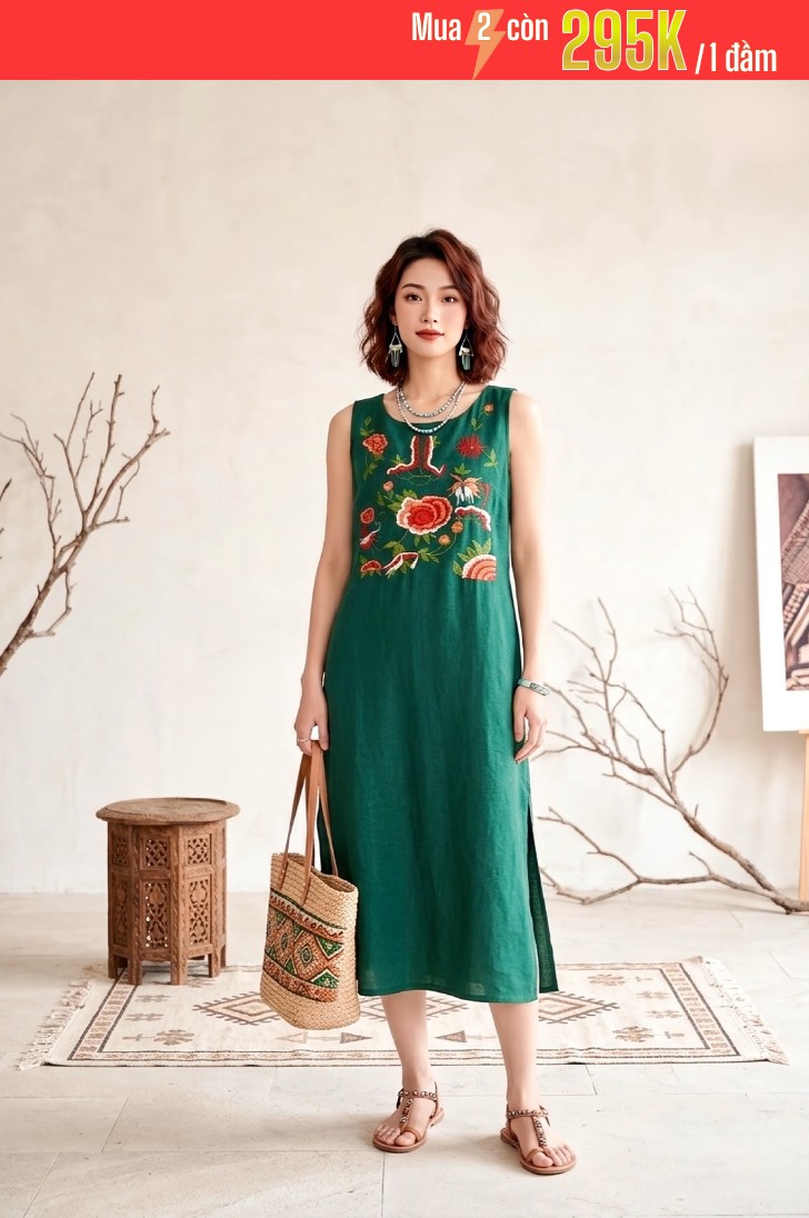 GS6 - ĐẦM LINEN BỘT THÊU HOA 1-7101AR