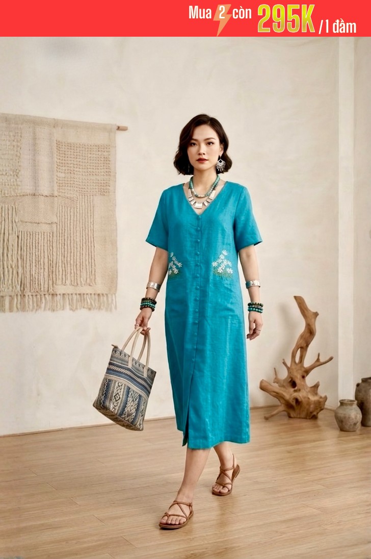 GS6 - ĐẦM LINEN BỘT THÊU HOA 1- 7109AR