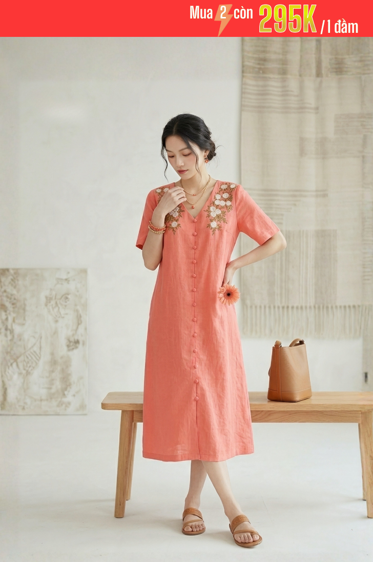 GS6 - ĐẦM LINEN BỘT THÊU HOA 1-7115AR