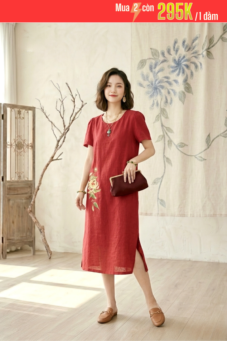 GS6 - ĐẦM LINEN BỘT THÊU HOA 1-7116AR