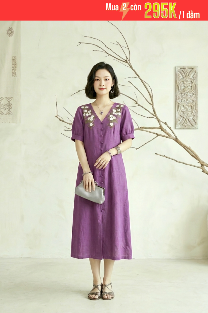 GS6 - ĐẦM LINEN BỘT THÊU HOA 1-7117AR