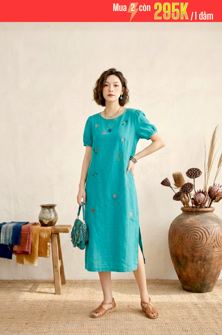 GS6 - ĐẦM LINEN BỘT THÊU HOA 1-7119AR