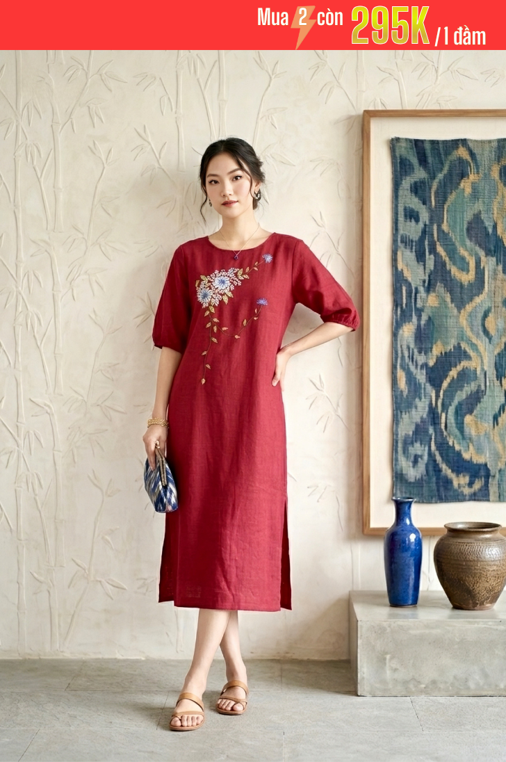 GS6 - ĐẦM LINEN BỘT THÊU HOA 1-7120AR