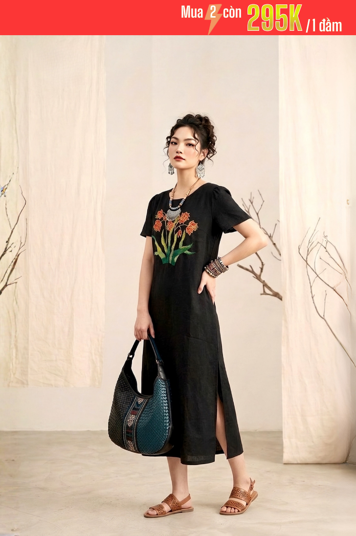 GS6 - ĐẦM LINEN THÊU HOA 1-7112AR