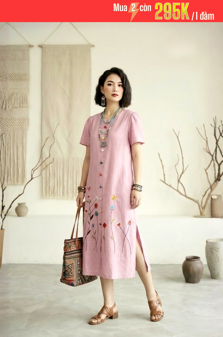 GS6 - ĐẦM LINEN THÊU HOA CHÂN 1-7110AR