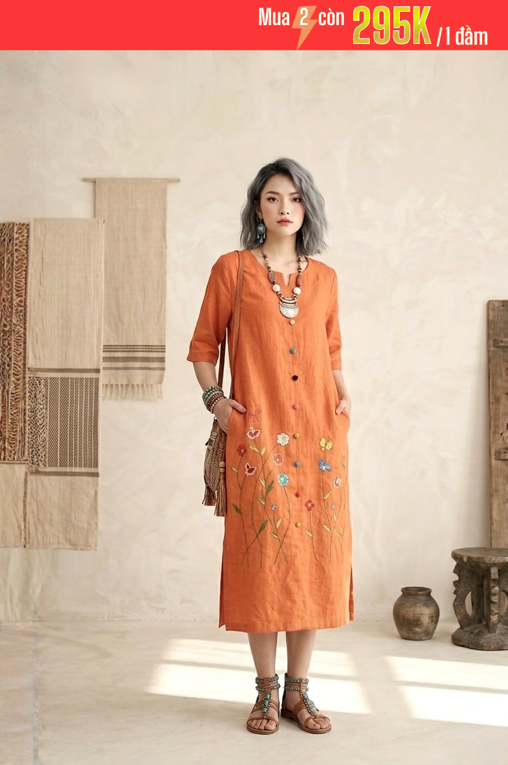 GS6 - ĐẦM LINEN THÊU HOA CHÂN TAY LỠ 1-7111AR
