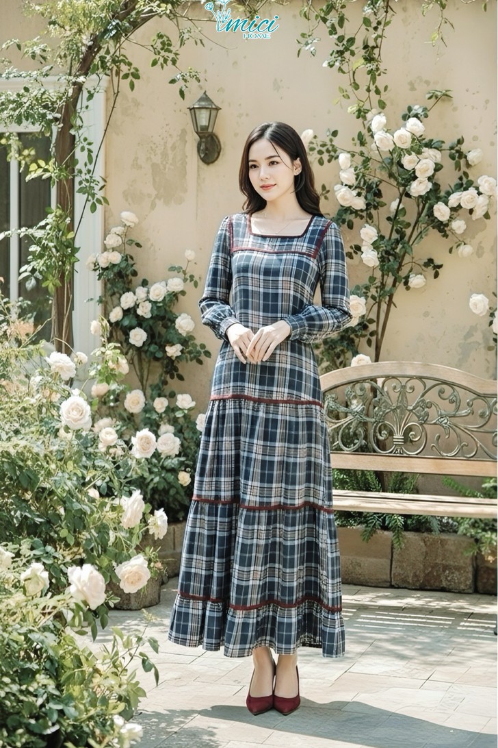 TN4D - ĐẦM MAXI LANH KẺ CARO DÀI TAY 1-6723AR