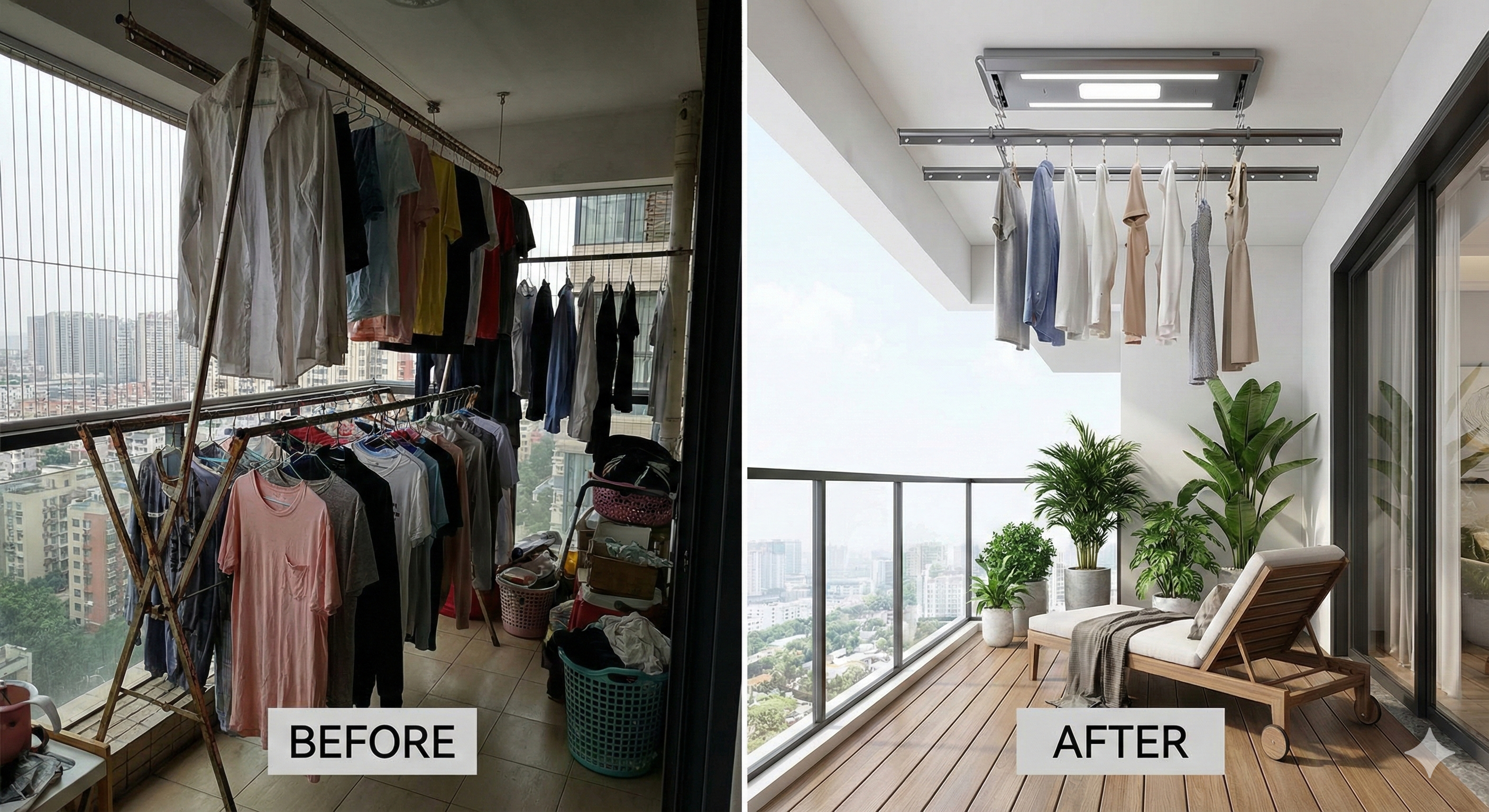 Hình ảnh  ban công phơi quần áo trước và sau khi lắp đặt giàn phời điện