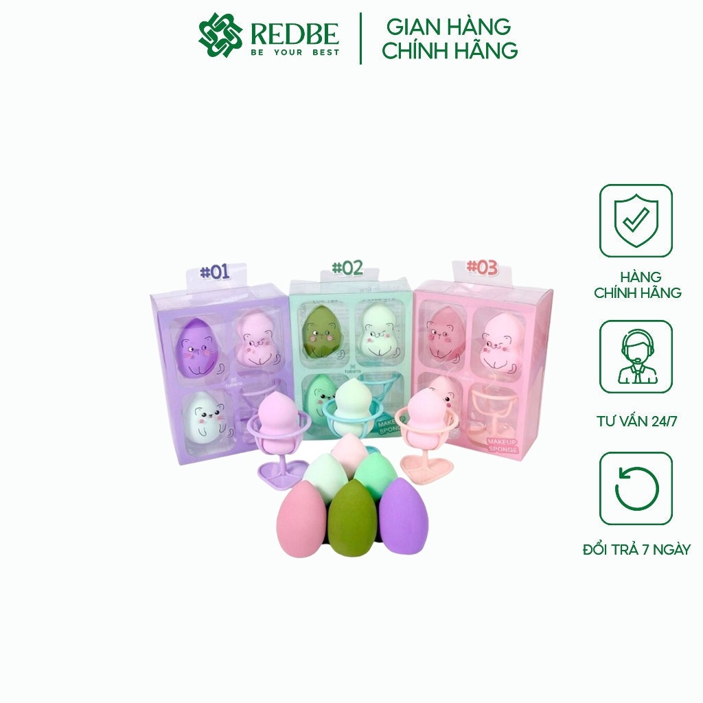 Set 3 Bông Mút Trang Điểm Habaria + Gía Đỡ