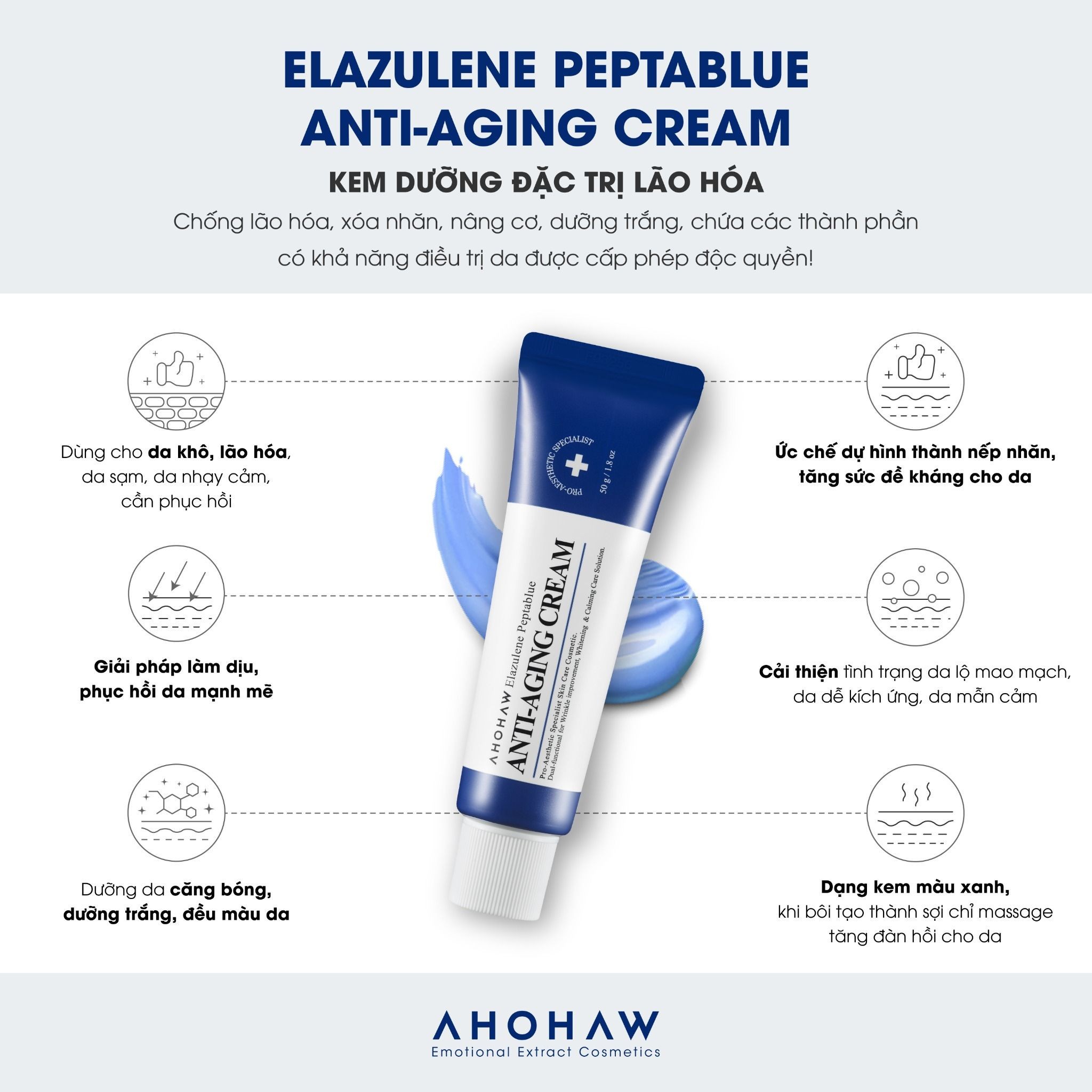 Kem dưỡng phục hồi, trẻ hóa tế bào sinh học Ahohwa Elazulene Peptablue Anti- Aging Cream 50gr