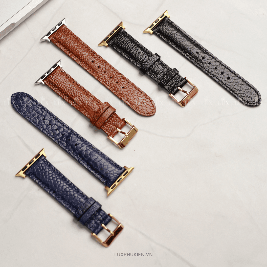 Dây da đà điểu thủ công xanh dương dành cho Apple Watch đồng hồ thông minh Series 1/2/3/4/5/6/7/SE