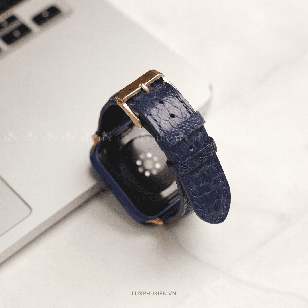 Dây da đà điểu thủ công xanh dương dành cho Apple Watch đồng hồ thông minh Series 1/2/3/4/5/6/7/SE