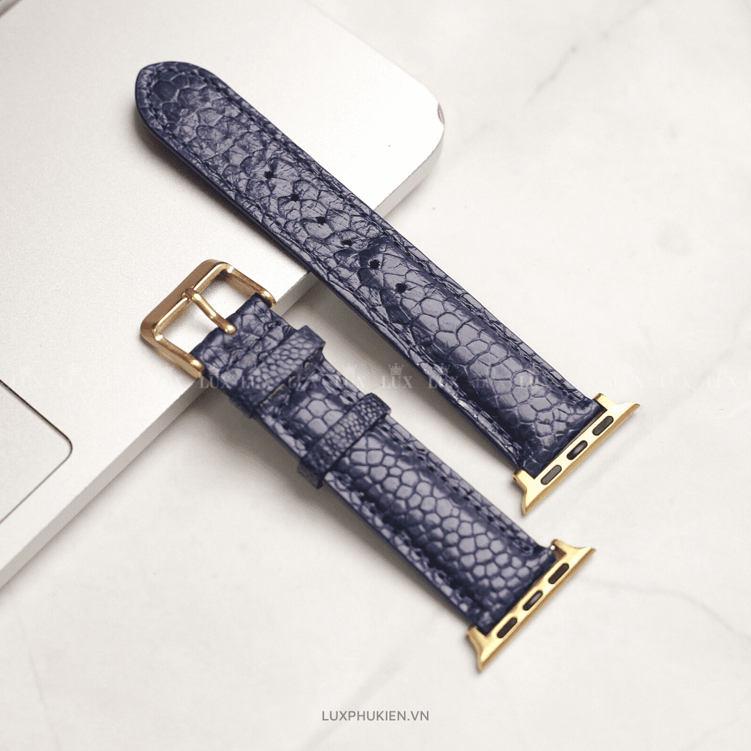 Dây da thủ công - Đà điểu - Xanh dương - Khoá kim vàng hồng - 38/40/41mm